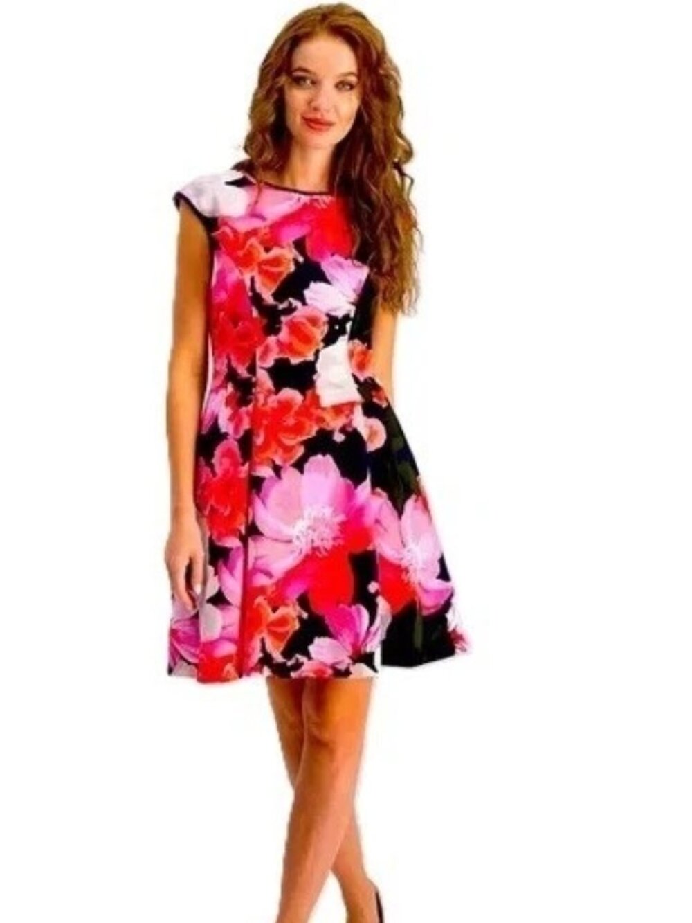 VINCE CAMUTO Fit and Flare Colorful Floral Dress w/Faux Leather Piping  NWT $148
